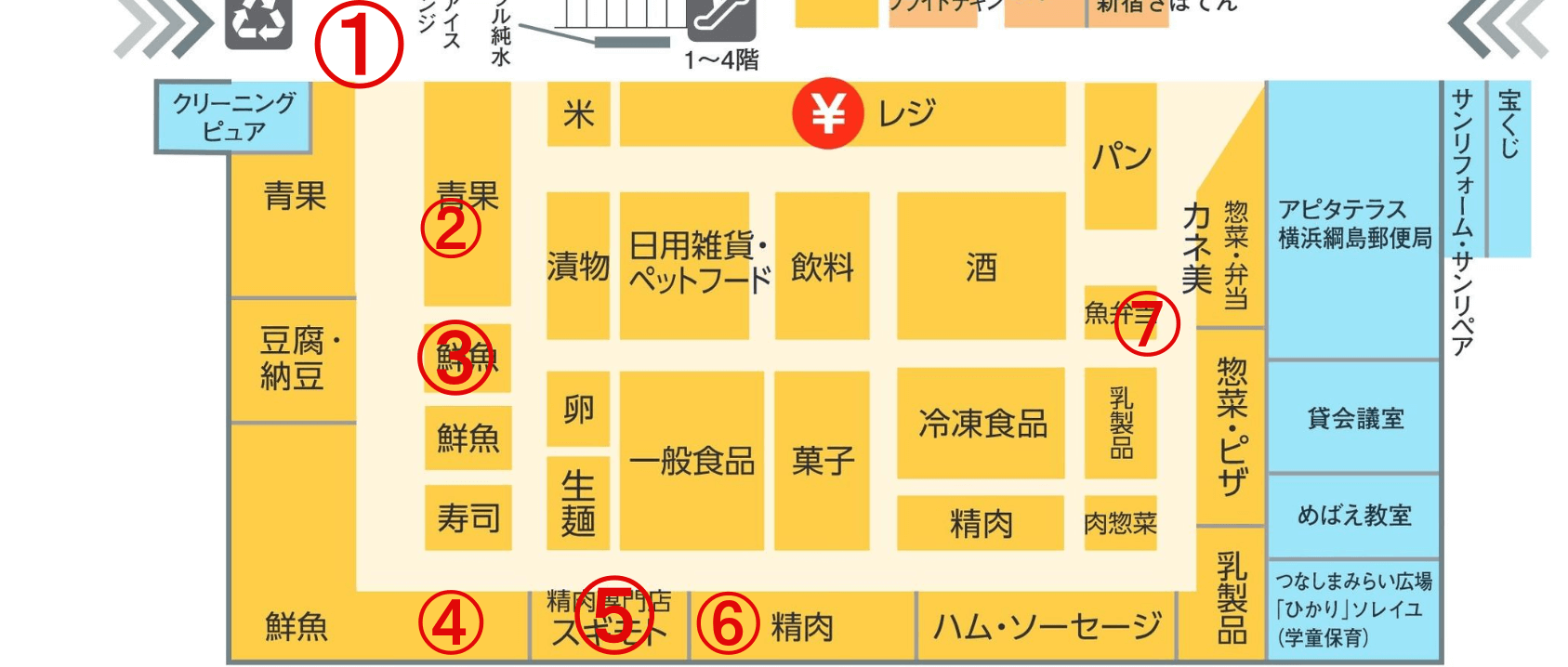 アピタ横浜綱島店の店内見取り図の切り抜きお買い得商品を番号で売り場を記載