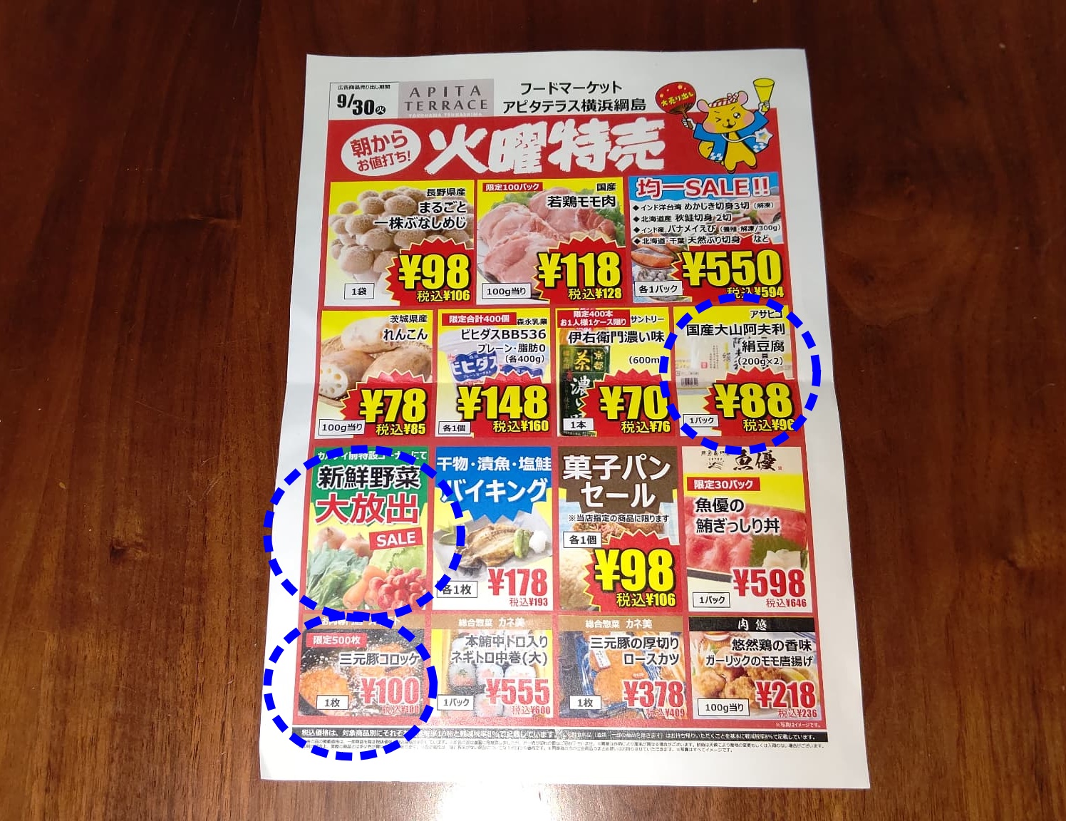 アピタ横浜綱島店9月30日火曜特売のおすすめ商品を青点線円形で示した画像