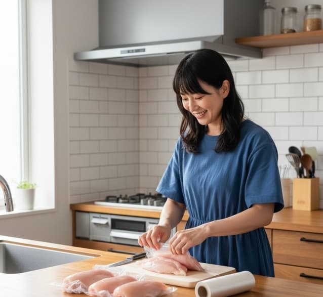 40代主婦がまとめて買った鶏肉を小分けしている画像