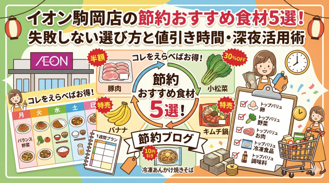イオン駒岡店の店舗外観を背景に、節約志向の主婦が笑顔で割引シールが貼られた食材を手に取る様子を描いた、明るく活気のあるイラストと写真のコラージュ。画像上部には「イオン駒岡店の節約おすすめ食材5選！失敗しない選び方と値引き時間・深夜活用術」というタイトルが大きく配置されている。アイキャッチ画像。