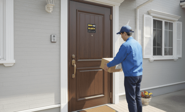 洋風の家の玄関にダイソーの置き配マーク(マグネットタイプ)を張っている画像