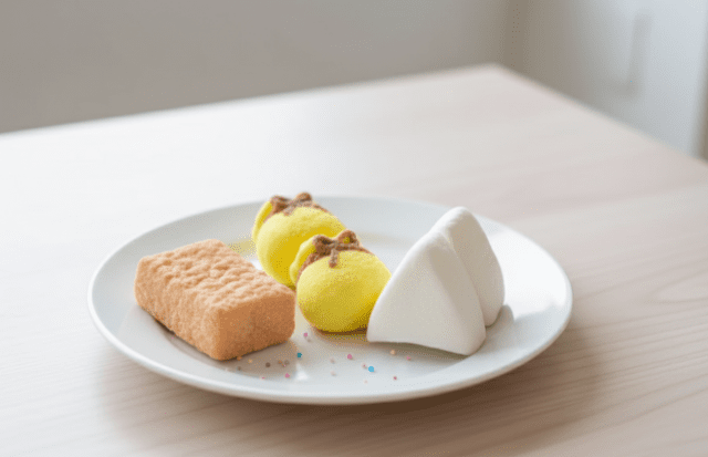 おでんマシュマロの厚揚げ・巾着・はんぺんを白い皿の上に盛り付けた画像