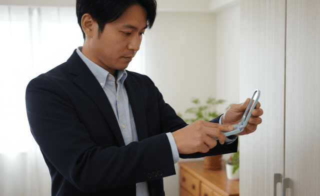 ダイソーの洋服ブラシ(ミラー付)を使って最終確認をしている男性の画像