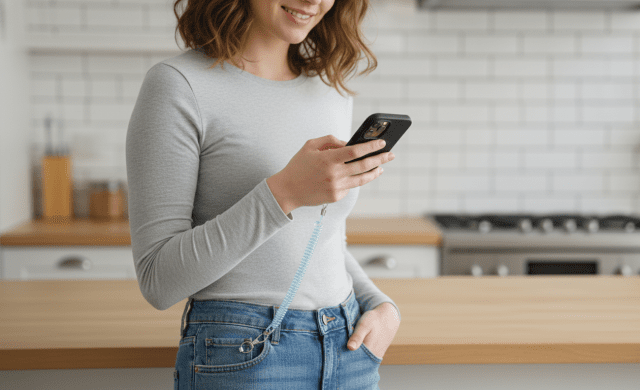 ダイソーで販売しているスプリングストラップを使う女性のイメージ画像