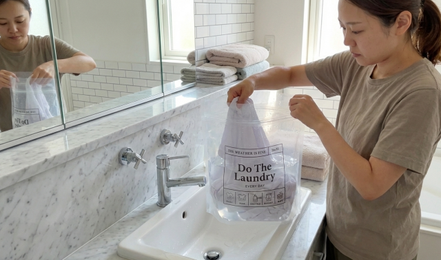 洗面台でつけ置き洗いジッパーバッグを使ってシャツを洗っている女性の画像