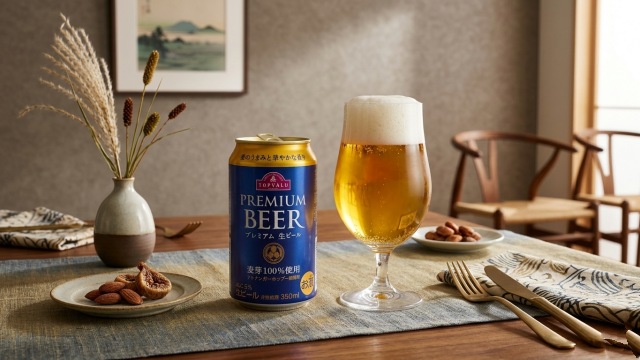 トップバリュプレミアム生ビールの缶とグラスに注がれているビール画像