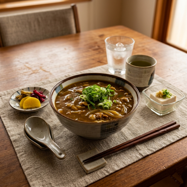 トップバリュ タスマニアビーフカレー中辛を使った「カレーうどん」を副菜付きで食卓の上に置いてある画像
