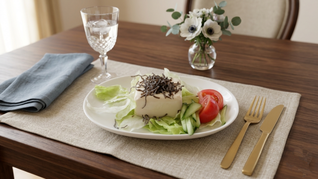 ベストプライス 北海道産 昆布使用塩昆布を使った「豆腐サラダ」を食卓の上に並べている画像