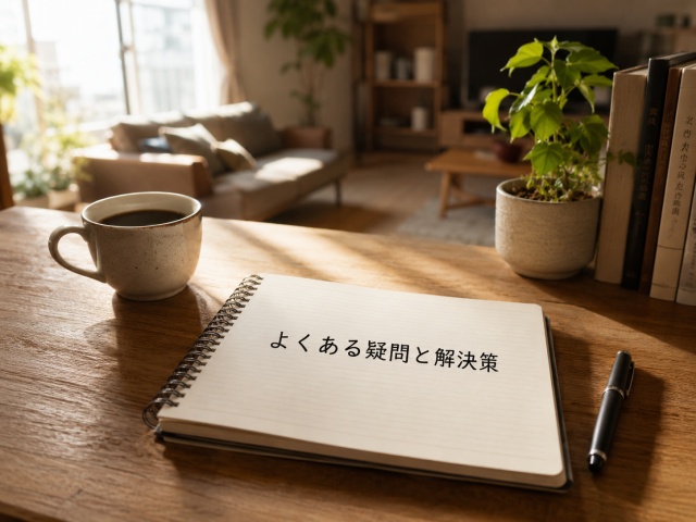 ノートとペン、コーヒーカップが置かれた机の上