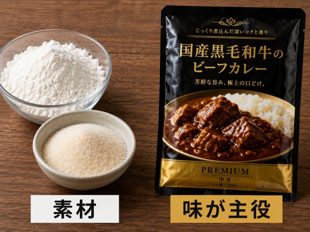 素材(小麦粉や砂糖)と、味が主役の商品(レトルトカレー)の比較