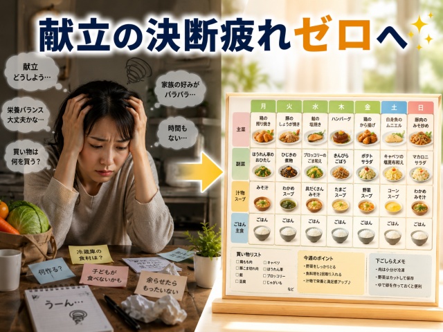 毎日献立を考える決断疲れから解放される1週間メニューのイメージ