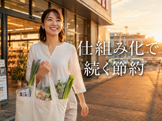 買い物袋を持って笑顔でスーパーから出てくる女性