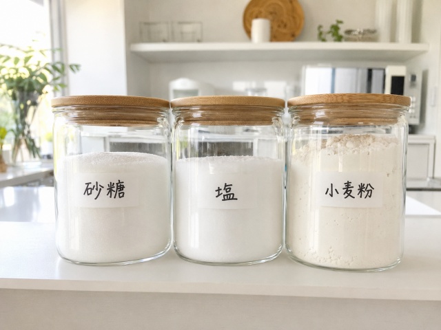 ガラス瓶に入った塩、砂糖、小麦粉の調味料