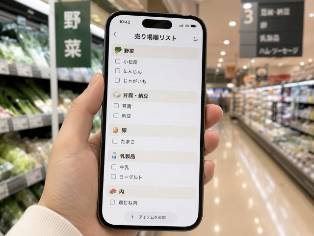 スマートフォンに表示された、スーパーの売り場順に並んだ買い物チェックリスト