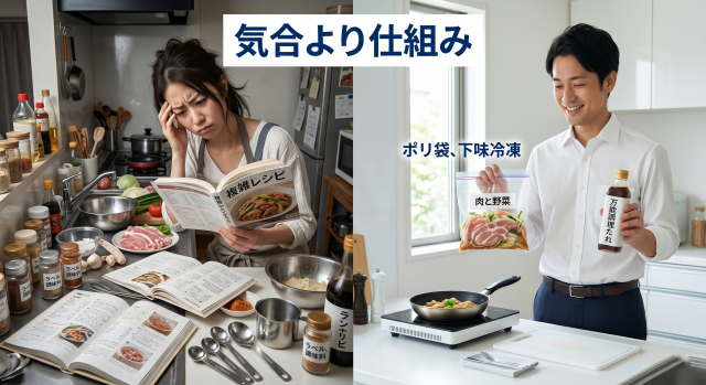 複雑なレシピに悩む人と、シンプルな仕組みで料理を楽しむ人の比較