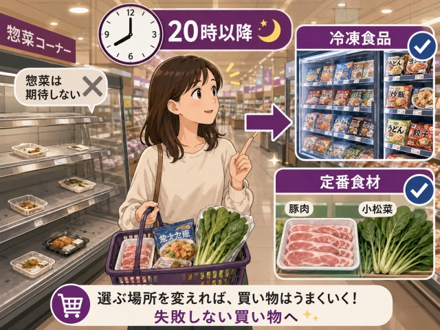 20時以降のスーパーで、空きが目立つ惣菜コーナーを横目に、日本人女性が冷凍食品や豚肉、小松菜のような定番食材を選ぶ方向へ向かっているイラスト。