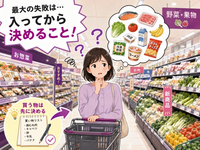 スーパーの売り場で、何を買うか決められず悩む日本人女性。頭上には複数の食材が浮かぶ吹き出しがあり、左下には買い物メモのイラストが描かれている。