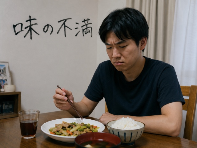 食卓で料理を見てがっかりした表情を浮かべる人の様子