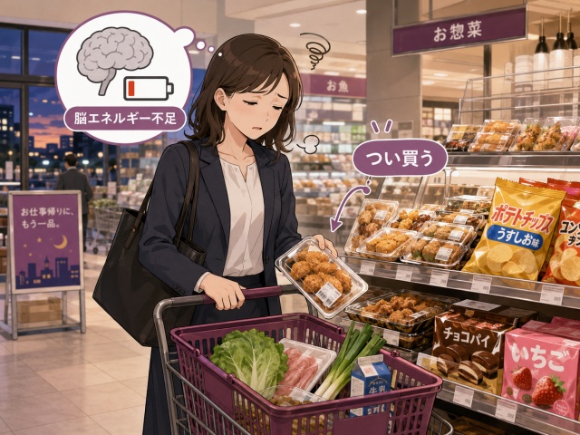 仕事帰りの夕方にスーパーへ立ち寄り、予定になかったお惣菜やお菓子をカゴに入れてしまう様子
