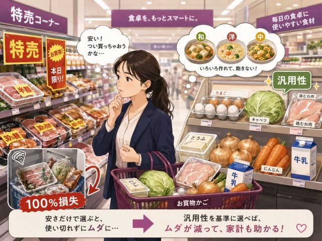 スーパーの特売コーナーで安さに惹かれる女性と、卵・キャベツ・鶏むね肉など汎用性の高い食材を選ぶ場面を対比したイラスト。使い切れずに無駄になる食材のイメージも描かれている。