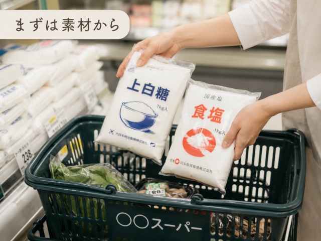 買い物かごに調味料の袋を入れる人の手元