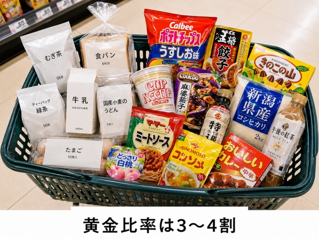 PB品とメーカー品がバランスよく混ざった買い物かごの中身