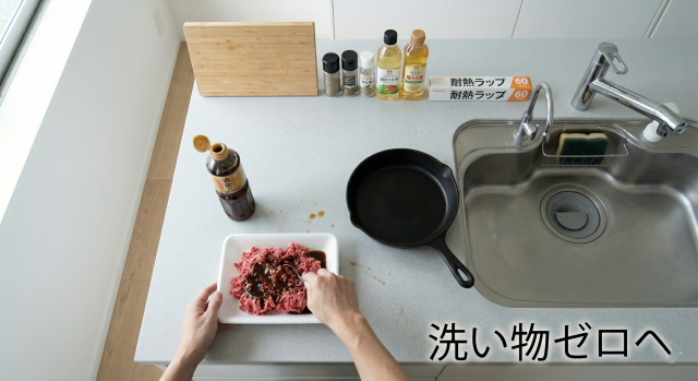 まな板を使わず、買物トレーの上で調理の下準備をする様子