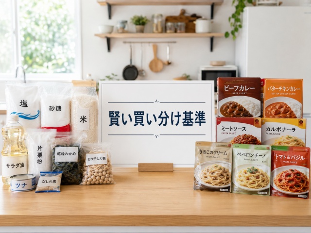 キッチンカウンターの上で、料理の素材とブランド完成品が左右に買い分けられている様子