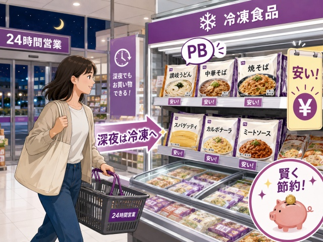 深夜の24時間営業スーパーで、冷凍食品コーナーへ向かう日本人女性。棚にはPBの冷凍うどんやパスタが並び、深夜でも手頃な価格で買える節約行動を表している。