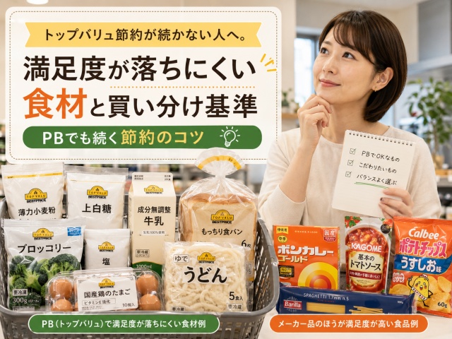 「満足度が落ちにくい食材と買い分け基準」と記載してPB商品の節約のコツをイメージしている画像