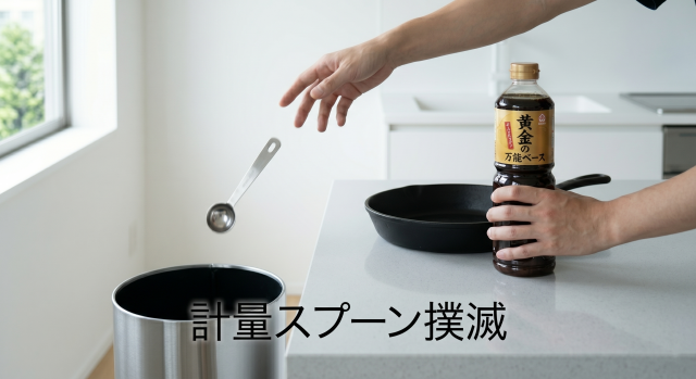 計量スプーンを使わず、1本の調味料だけで味付けをするイメージ