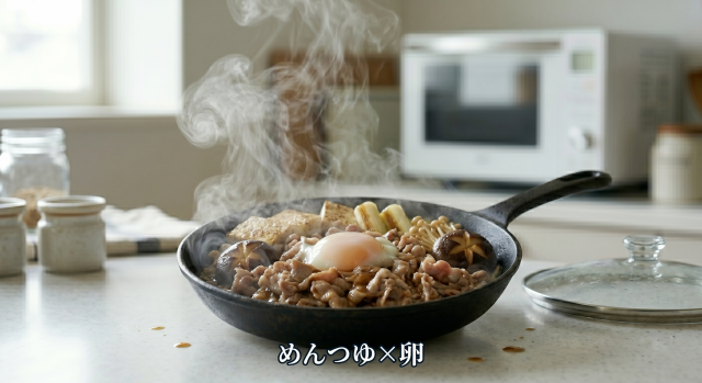 フライパンの中で調理された豚こま肉と中央に落とされた半熟卵