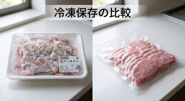 霜だらけになったパックのままの冷凍肉と、ポリ袋で密閉された綺麗な冷凍肉の比較