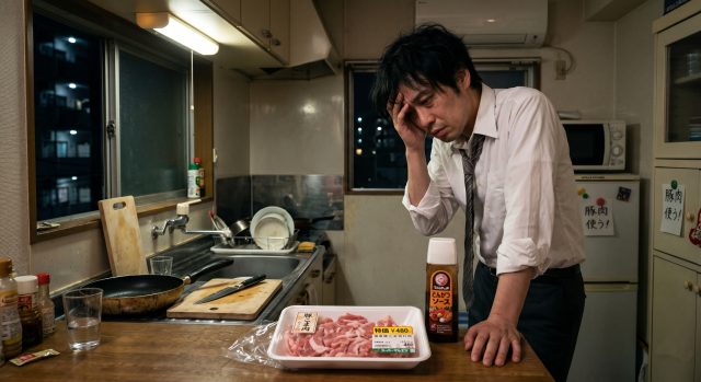 夜のキッチンで疲れ果てた会社員と豚こま肉