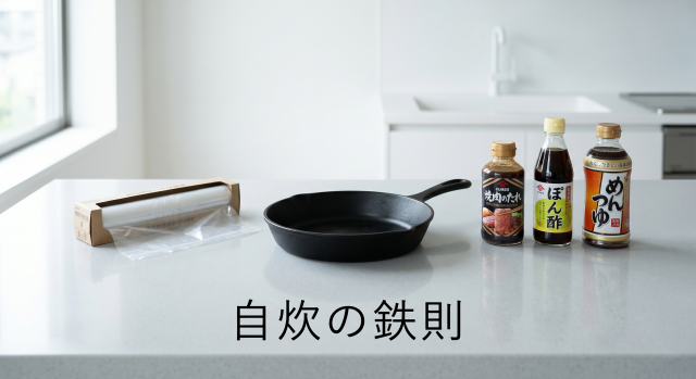 必要最低限の調理器具と調味料だけが並ぶ整頓されたキッチン