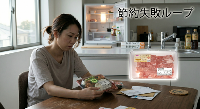 疲れて買ってきた惣菜弁当を手に取り、冷蔵庫の未調理の肉を見て後悔する女性