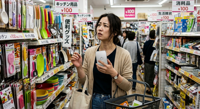 100円ショップの店内でスマホの電波が悪く探し物が見つからず困っている女性のイメージ