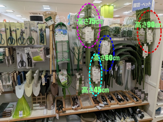 売場に陳列している支柱リング4サイズの支柱の高さを示している画像
