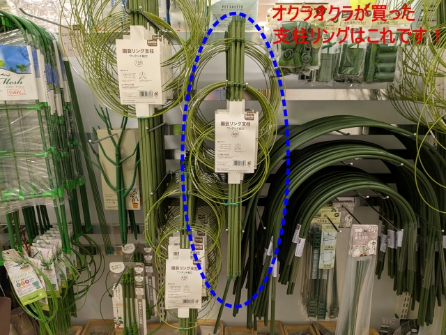 セリアトレッサ横浜店の支柱リングの売場とオクラオクラが買った支柱リングを示している画像